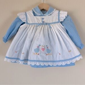 VTG Baby Pinafore Apron Dress with Embroidered Geese Lace Hearts Goose Peter Pan